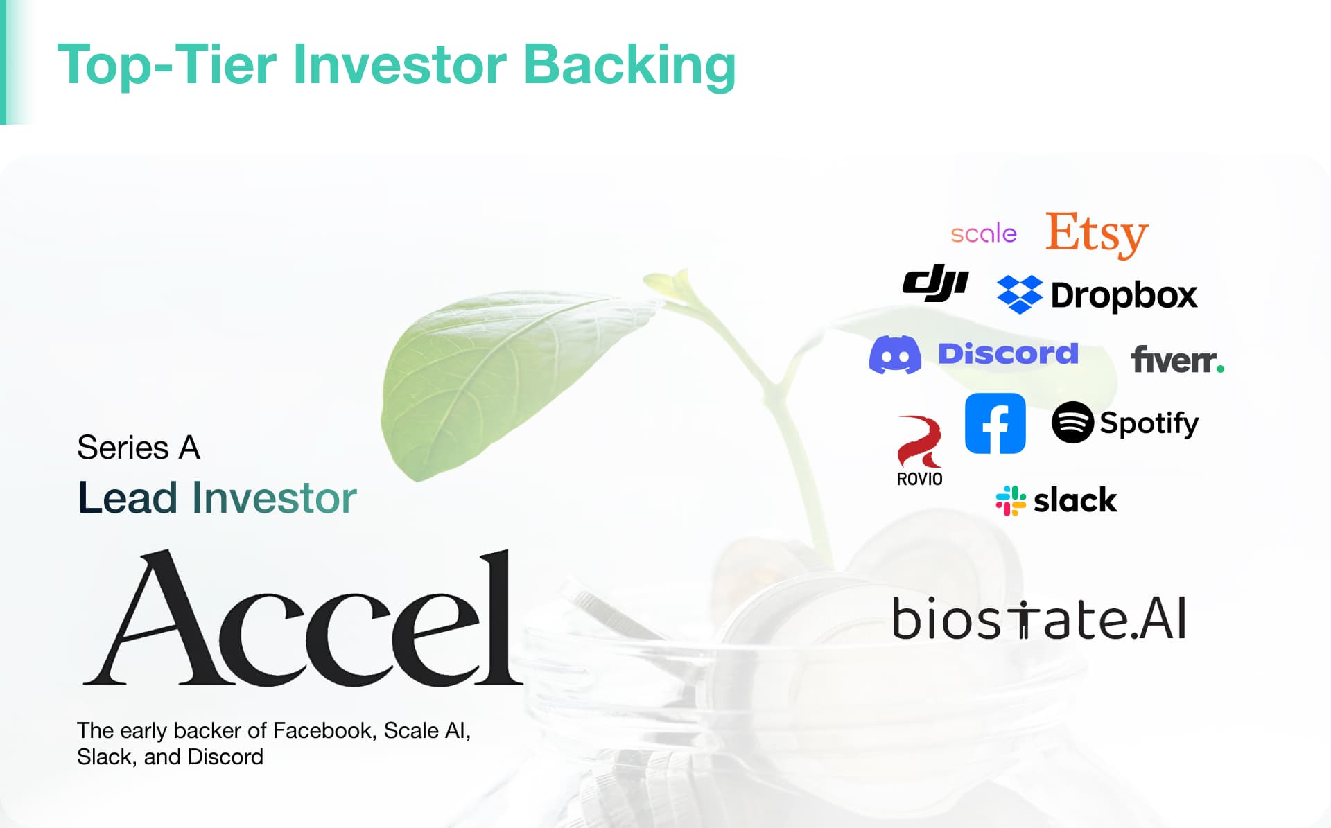 Top-Tier Investor Backing - Series A Lead Investor Accel, with logos of Scale, Etsy, DJI, Dropbox, Discord, Fiverr, Facebook, Spotify, Slack